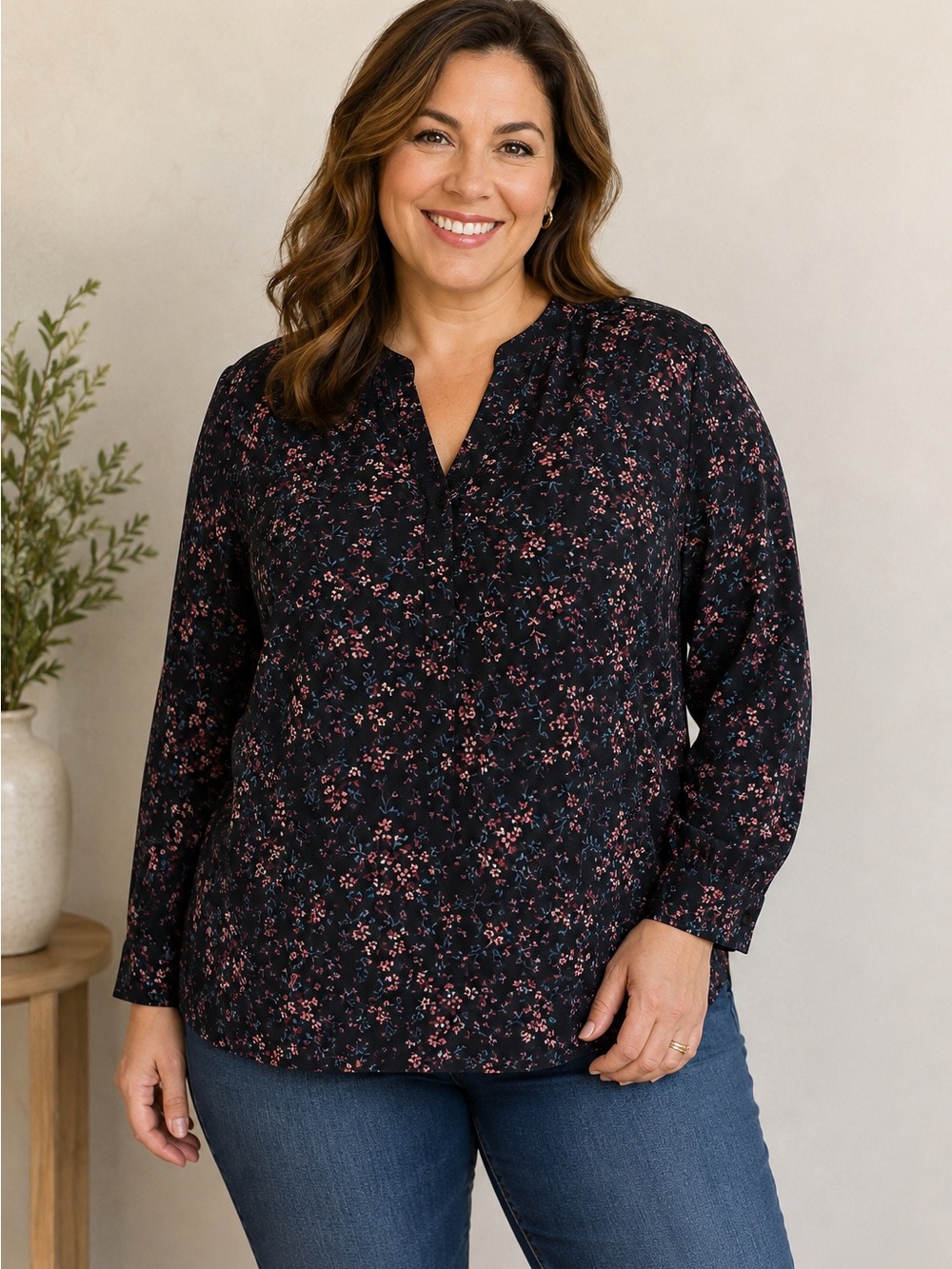 Hilary Radley Black Ditsy Floral Long Sleeve Split Neck Blouse XXL Feminine